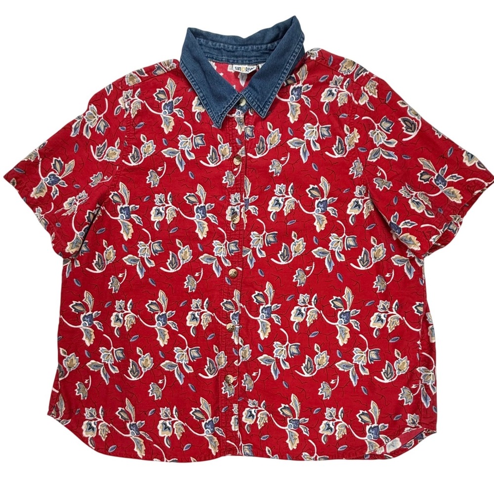 Sun River Clothing Co Red Floral Short Sleeve Button Down Shirt Denim Collar 2X